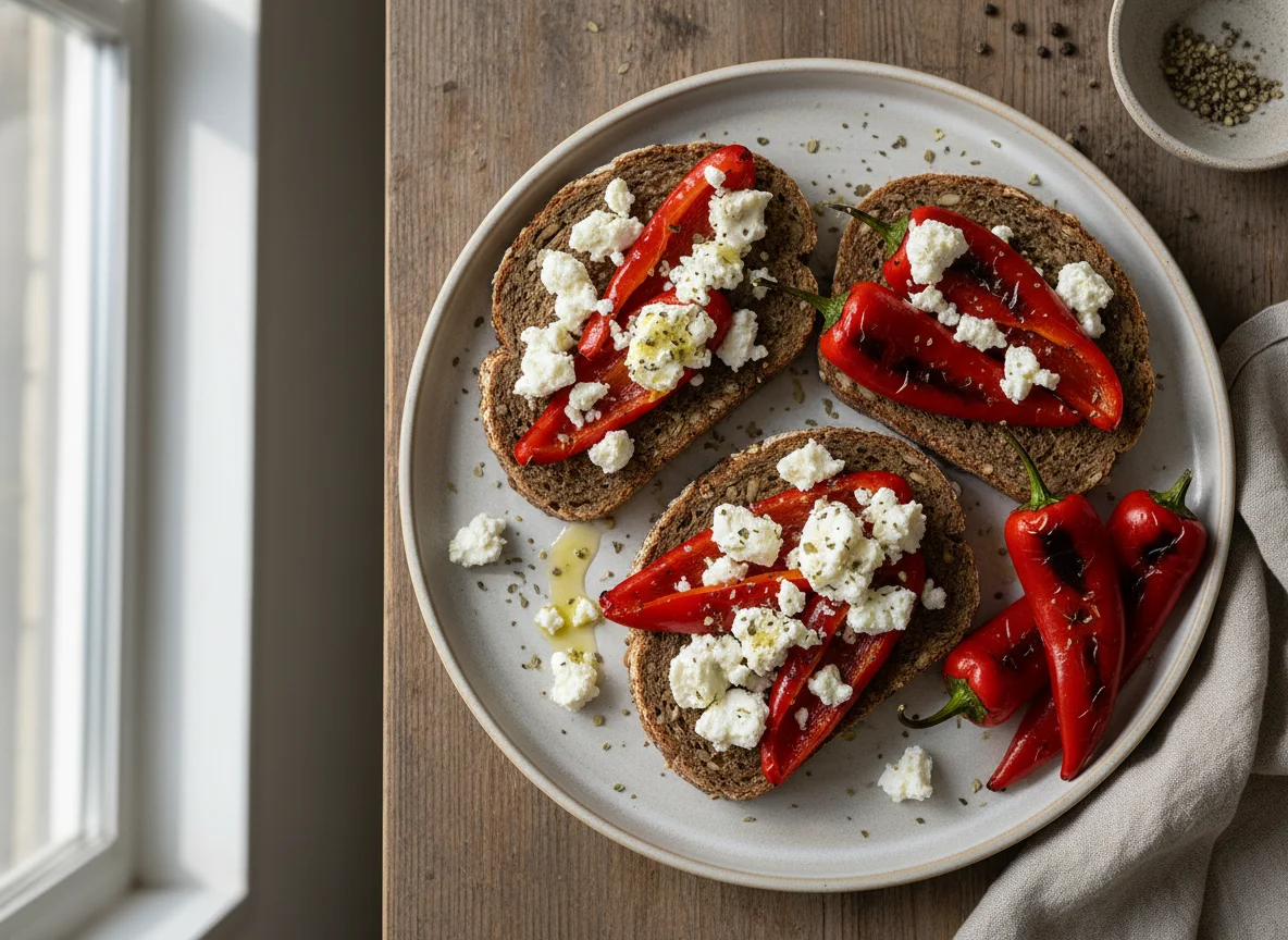 Rye bread with feta and red peppers photo