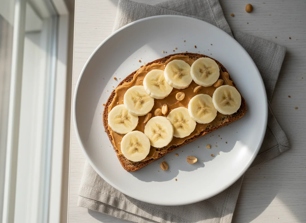 Rye bread with peanut butter and banana photo