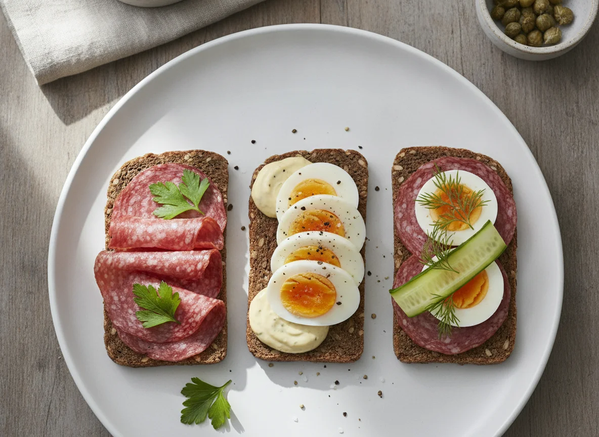 Rye bread with salami and boiled egg photo