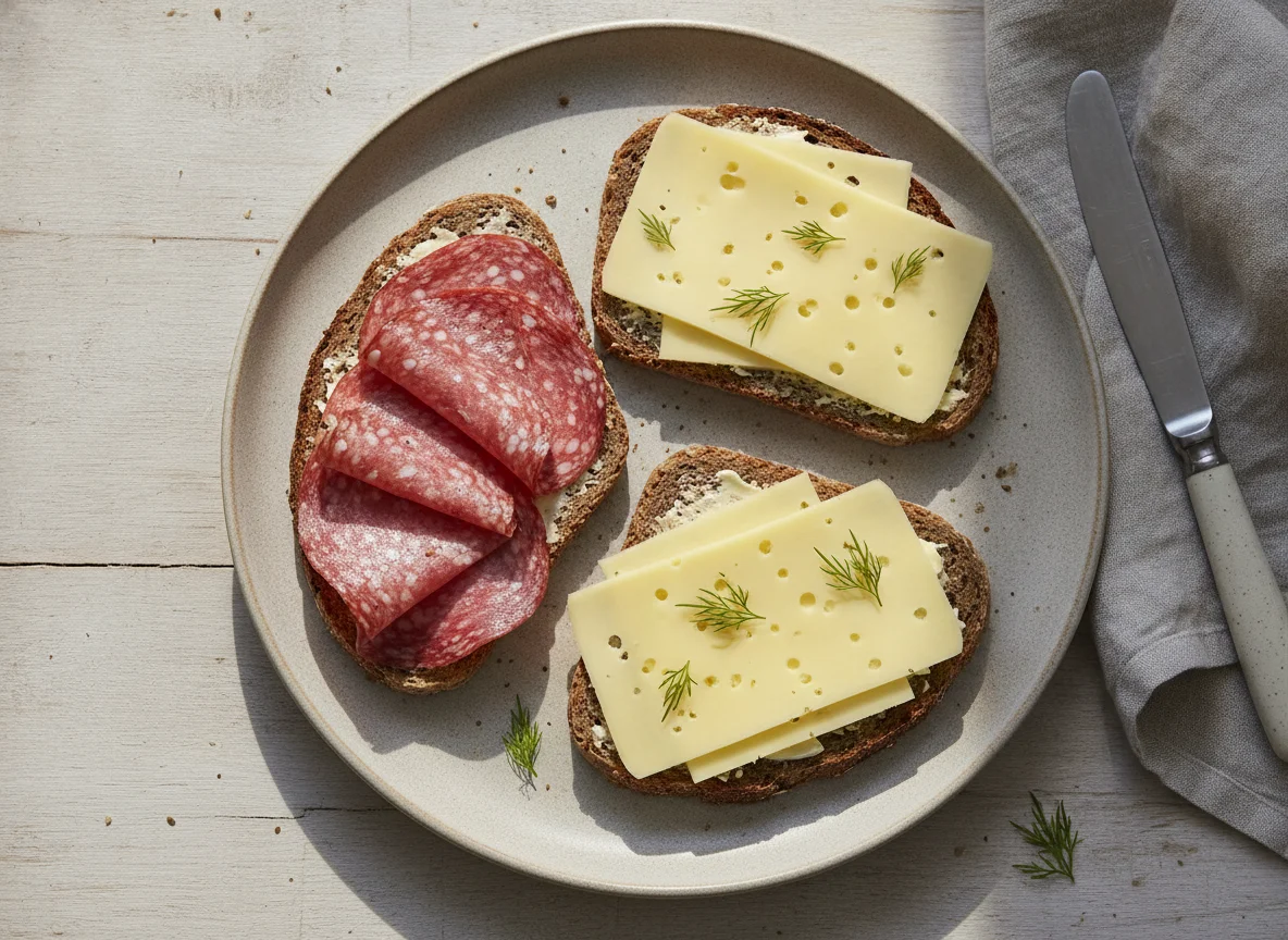 Rye bread with salami and cheese photo