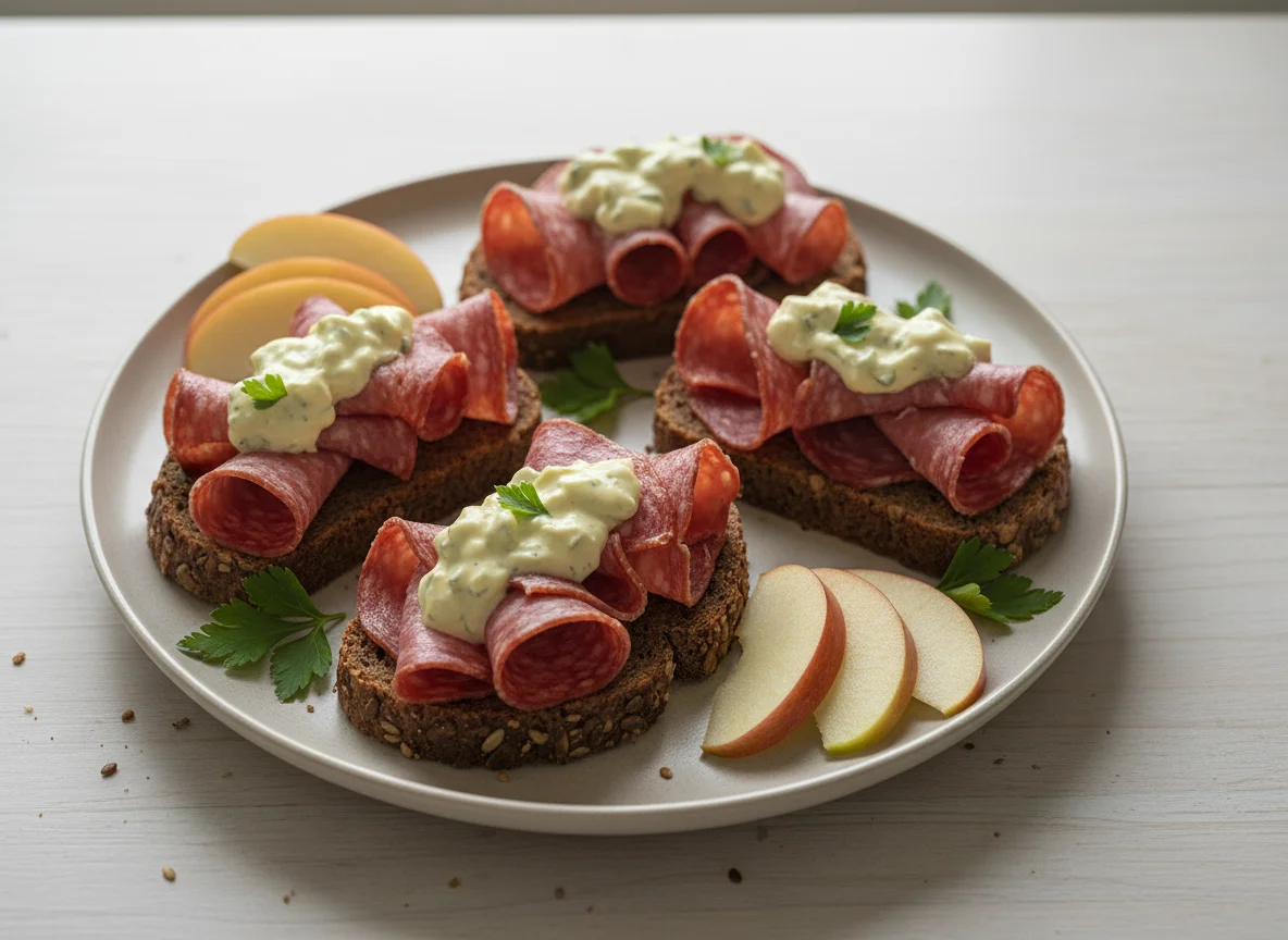 Rye bread with salami and remoulade, served with apple slices photo