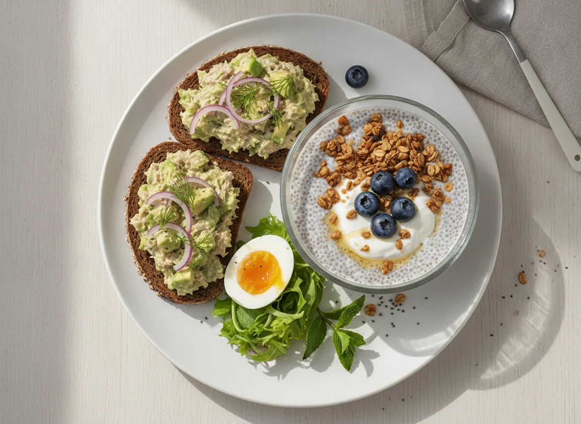 Rye bread with tuna and avocado, egg, and chia pudding with granola photo