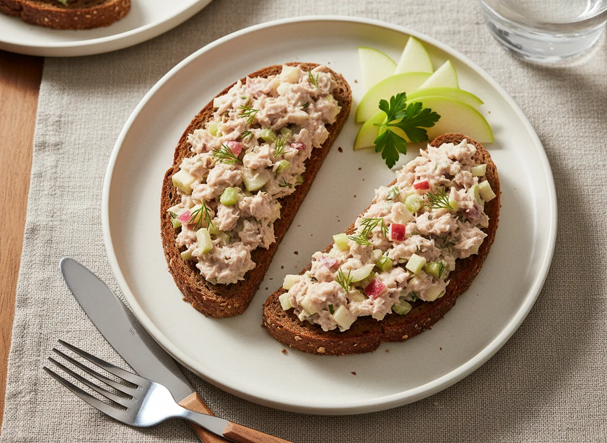 Rye bread with tuna salad and apple photo
