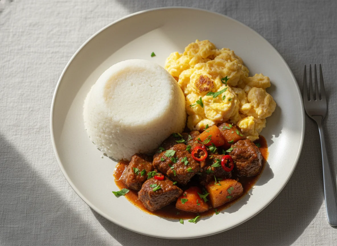 Sadza, scrambled eggs and beef photo
