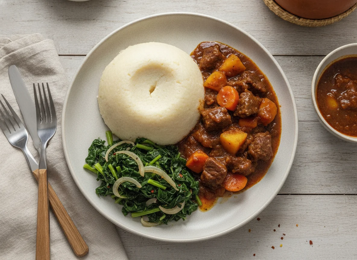 Sadza with Beef Stew and Leafy Greens photo