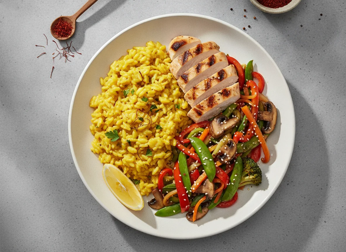 Saffron Risotto with Wok Vegetables and Grilled Chicken photo