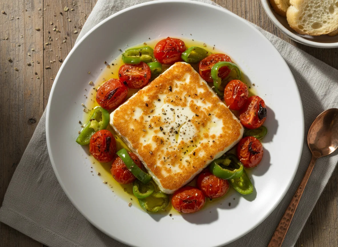 Saganaki with Feta, Tomato, and Green Pepper photo