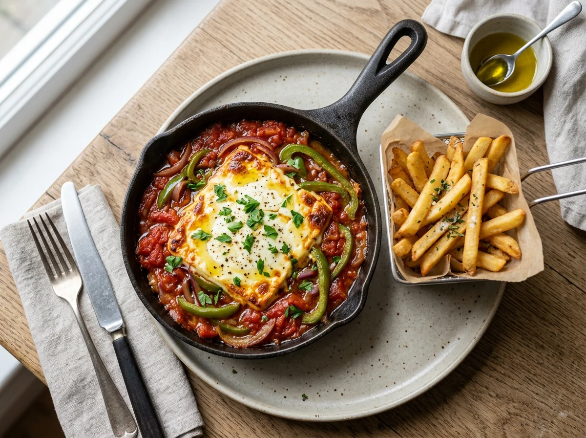 Saganaki with Tomato and Peppers, served with French Fries photo