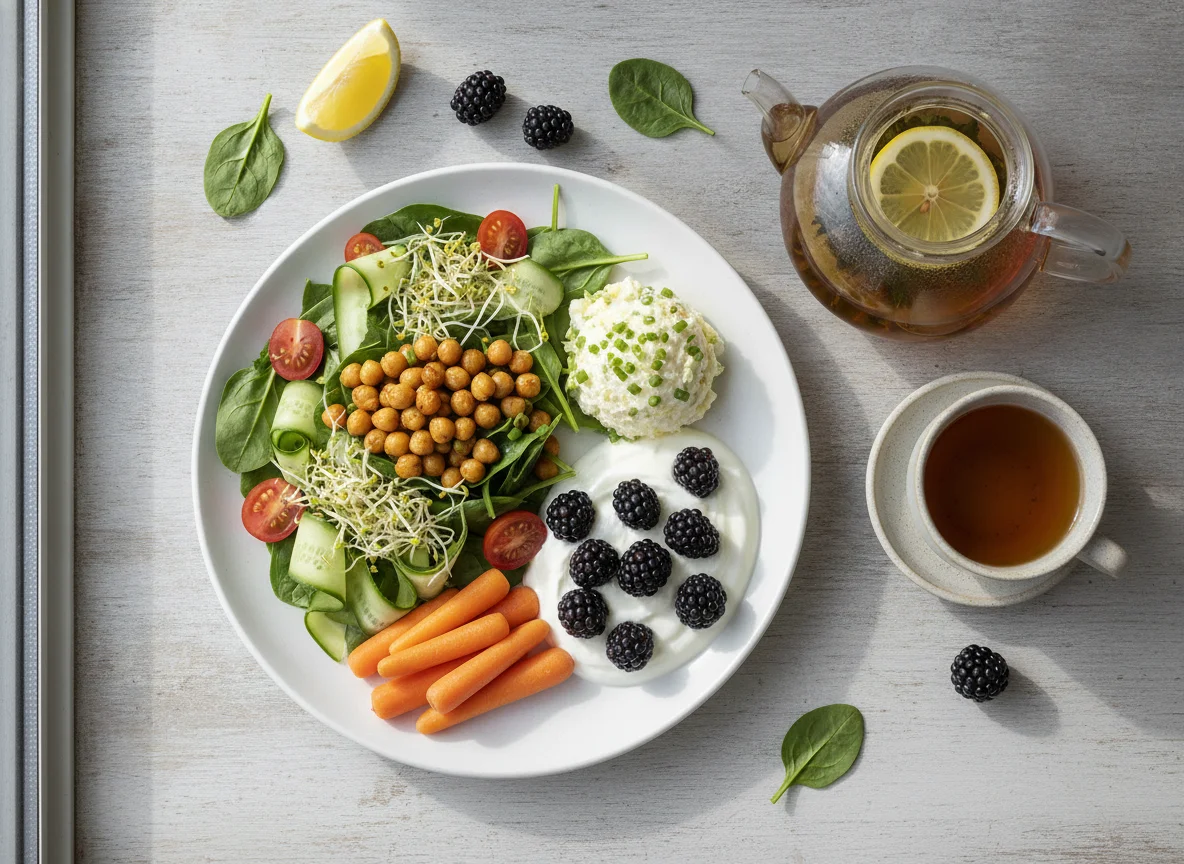 Salad and Fruit Meal with Tea photo