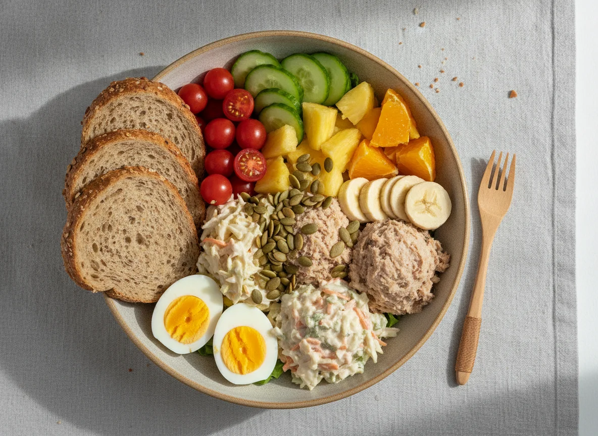 Salad bowl with bread and fruit photo