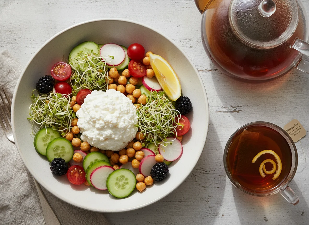 Salad bowl with cottage cheese and tea photo