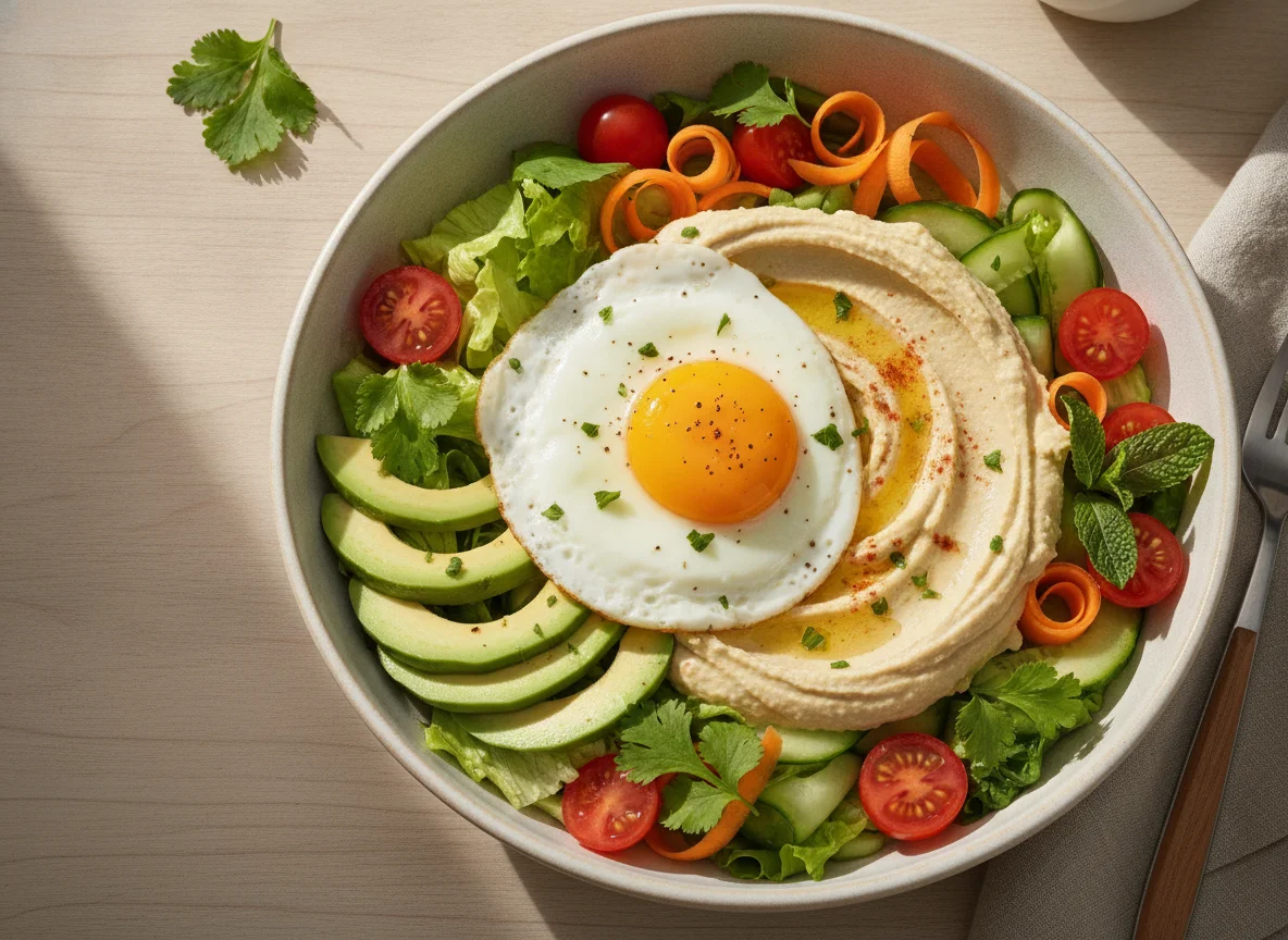 Salad bowl with fried egg, avocado, and hummus photo