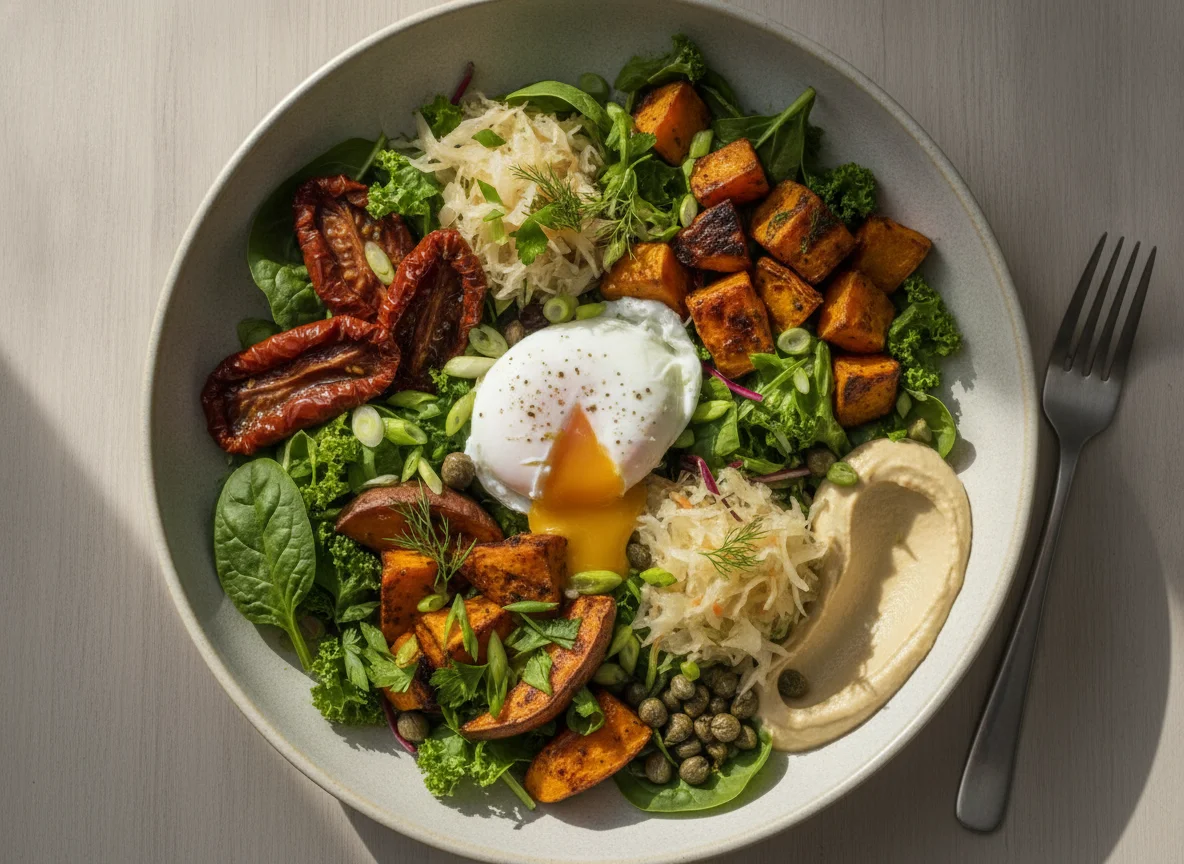 Salad bowl with poached egg and roasted vegetables photo