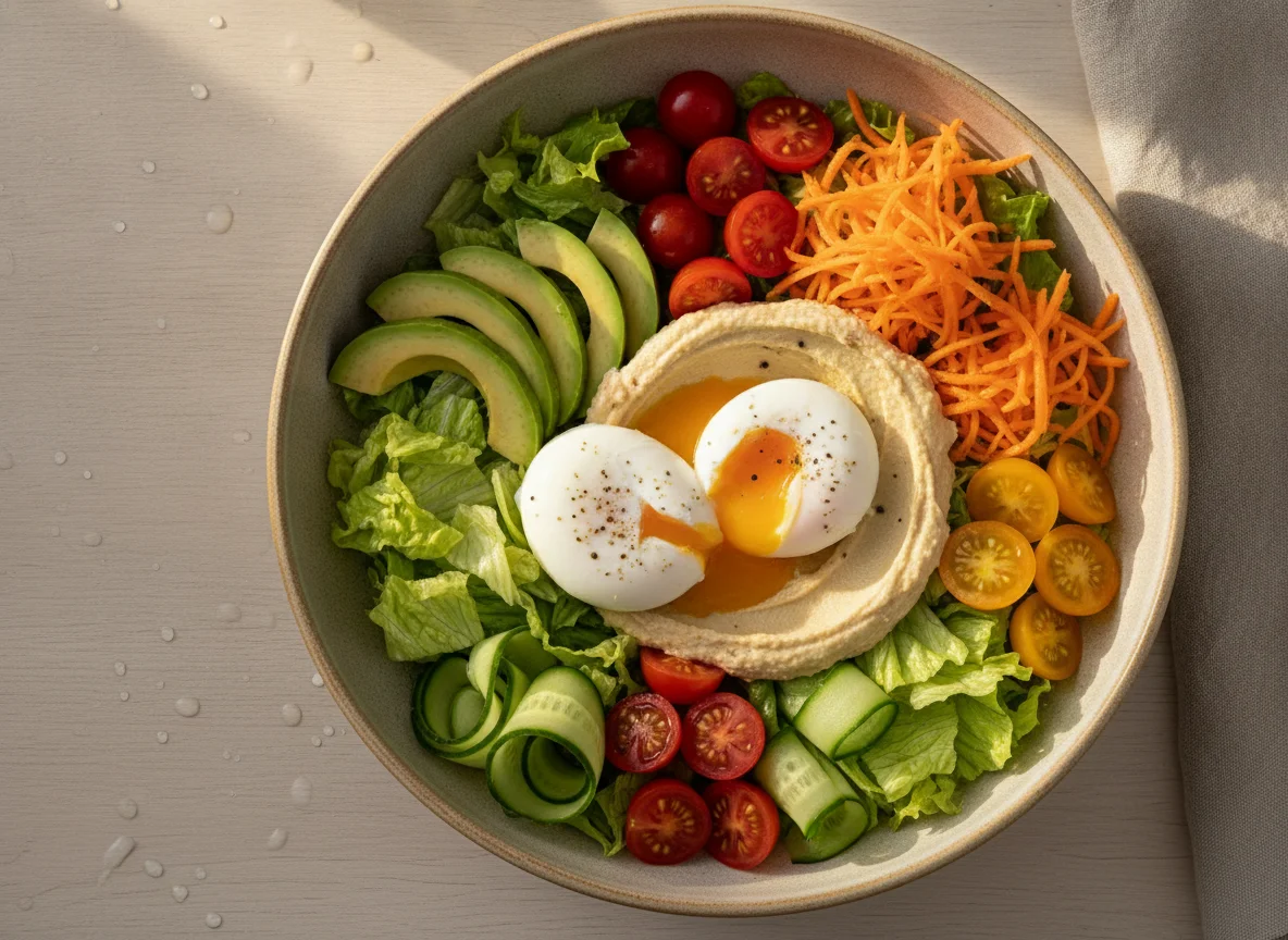 Salad bowl with poached eggs and hummus photo