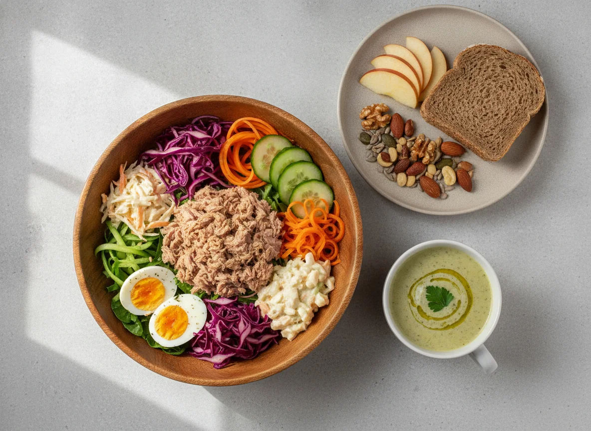 Salad bowl with tuna, egg, soup and apples photo