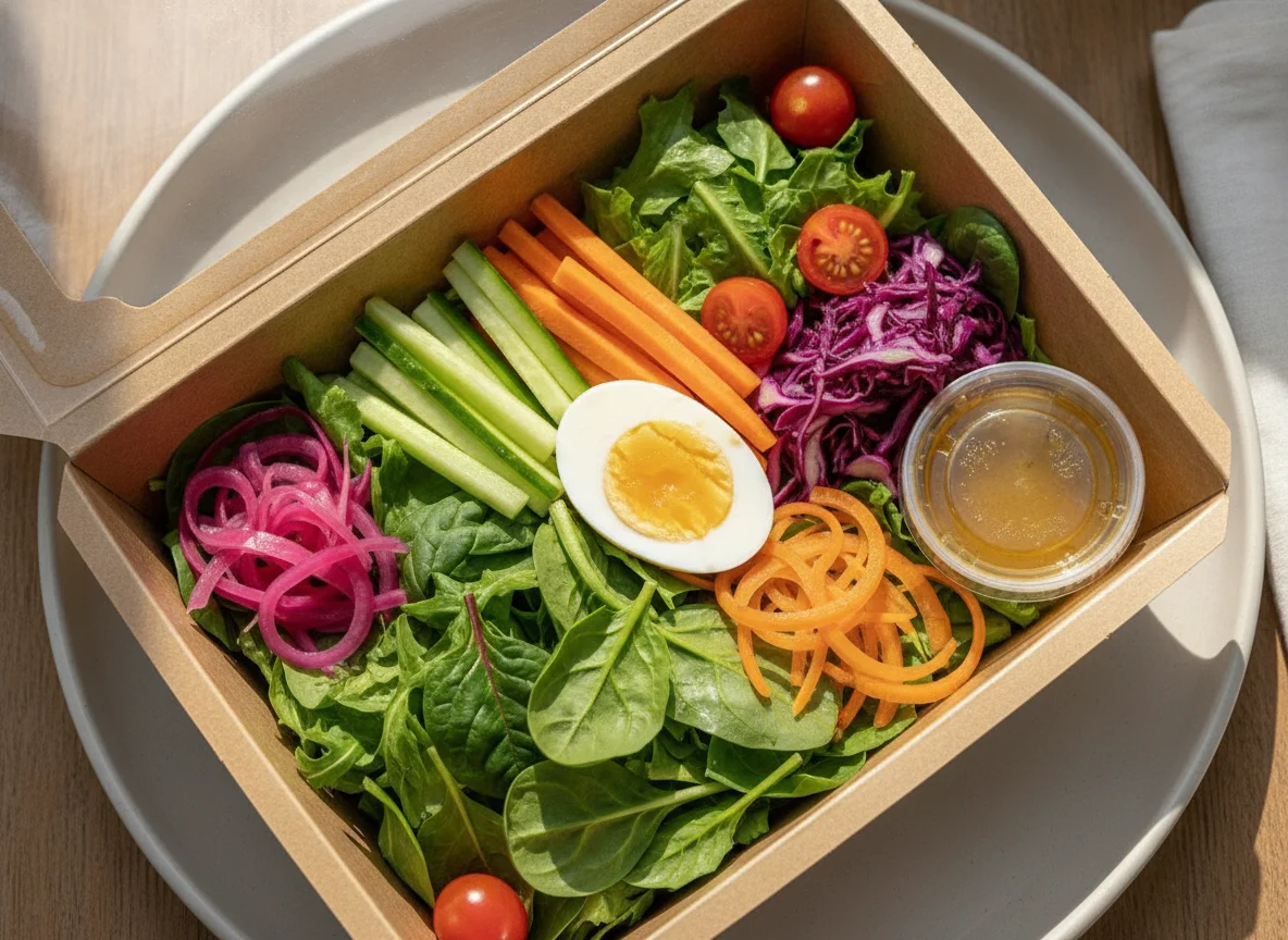 Salad box with boiled egg and vegetables photo