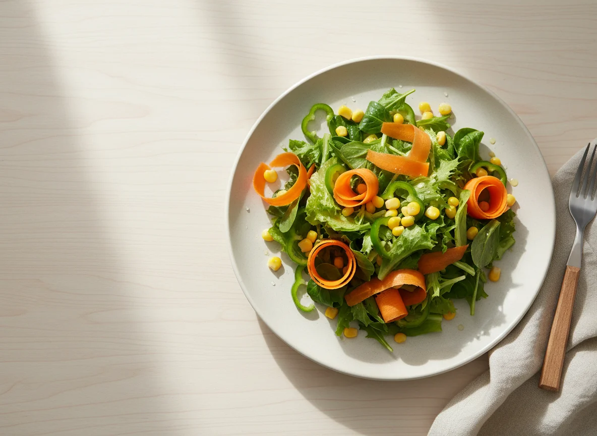Salad of lettuce, carrots, corn, and green bell pepper photo