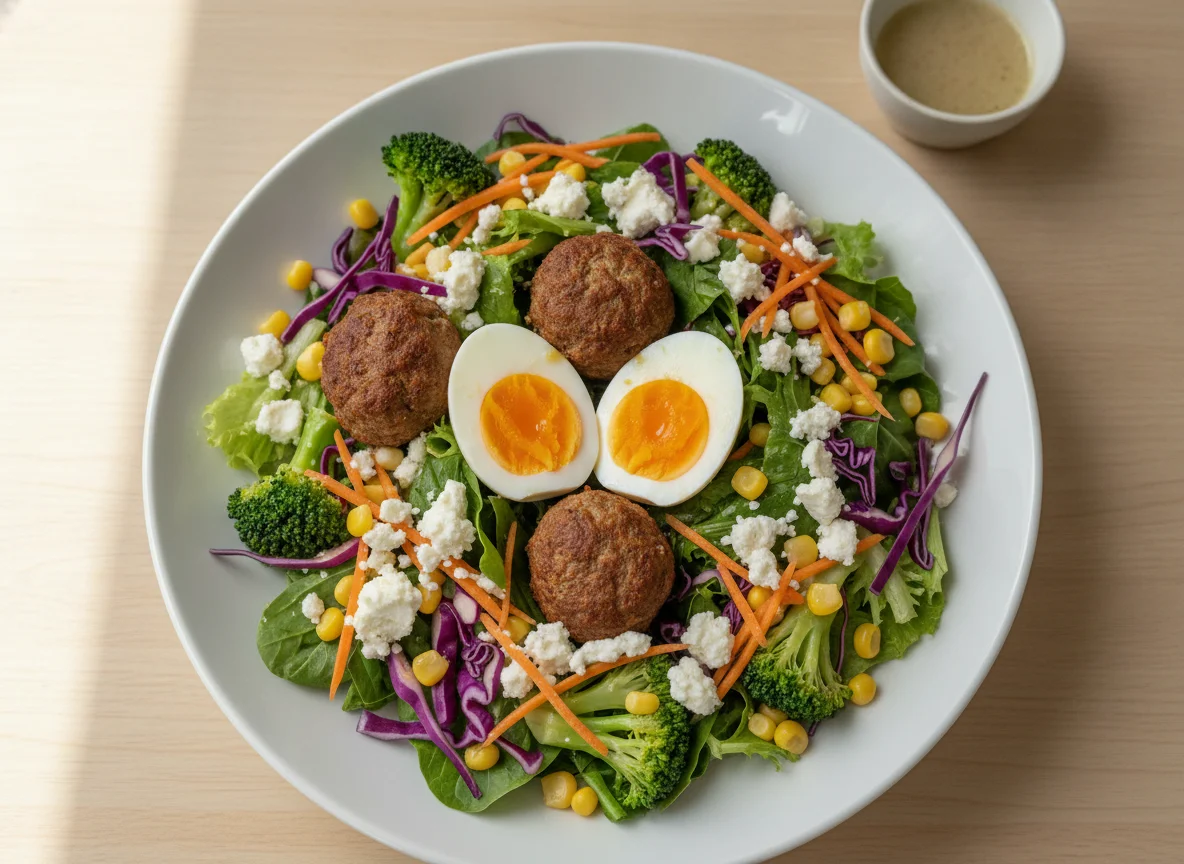 Salad plate with boiled eggs, meatballs, and feta photo
