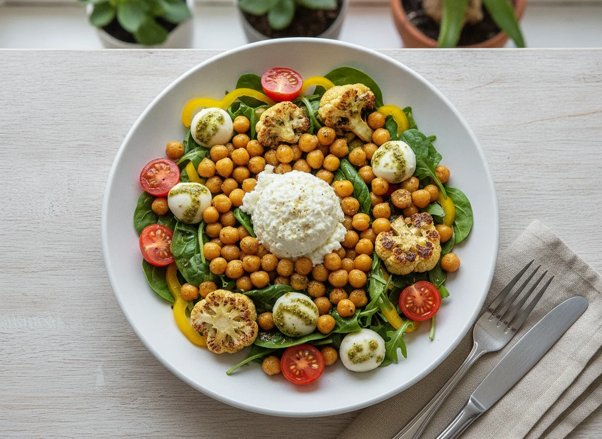 Salad plate with cottage cheese, chickpeas, and roasted cauliflower photo