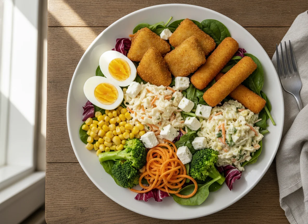 Salad plate with fried items, boiled eggs, and vegetables photo