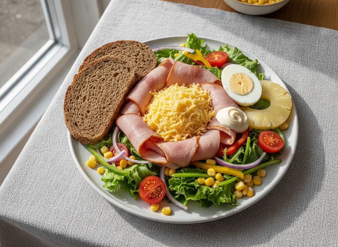 Salad plate with ham, cheese, and brown bread photo