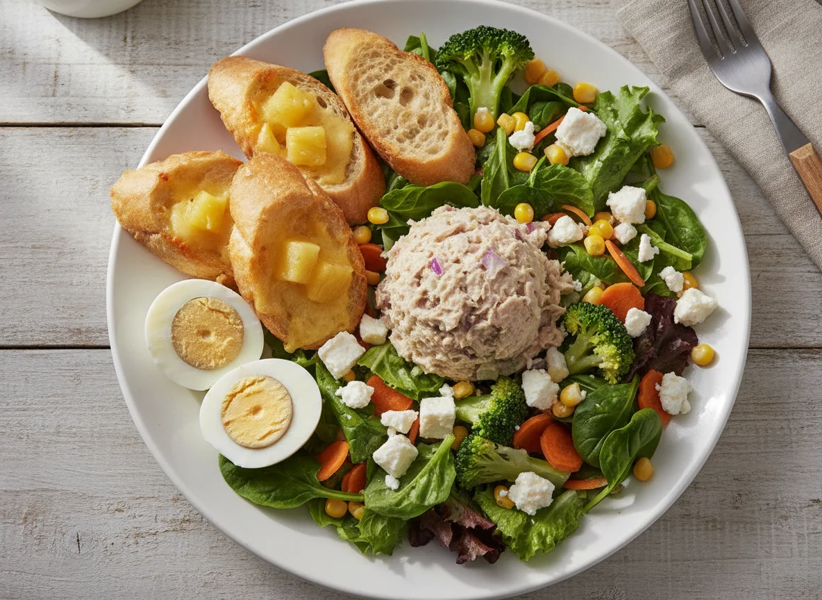 Salad plate with hard-boiled eggs, cheesy bread, and tuna photo