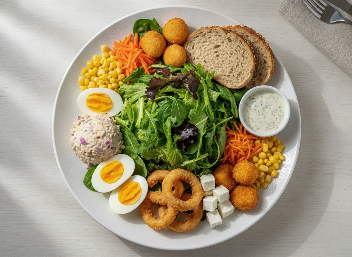 Salad platter with boiled eggs, fried seafood, and tuna salad photo