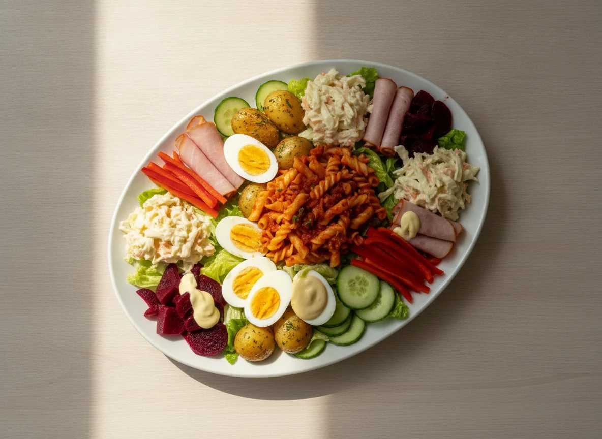 Salad platter with boiled eggs, potatoes, and pasta photo