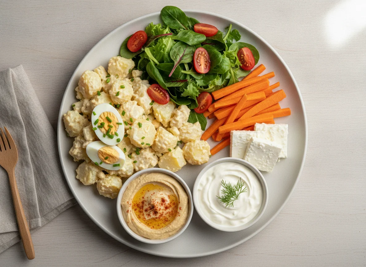 Salad platter with carrots, potato salad, and dips photo