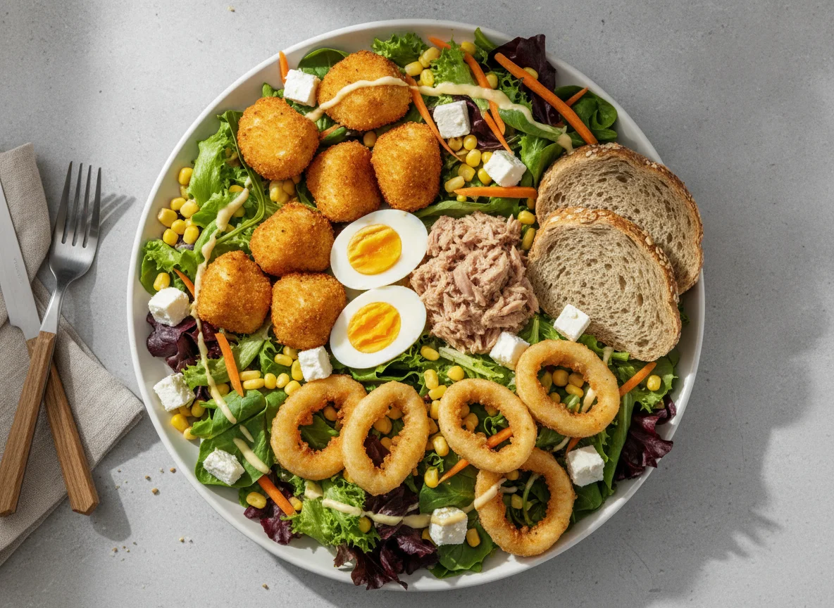 Salad platter with eggs, tuna, and fried snacks photo