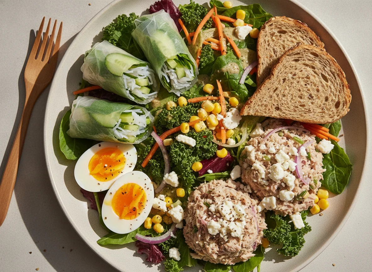 Salad platter with spring rolls, eggs, and tuna photo
