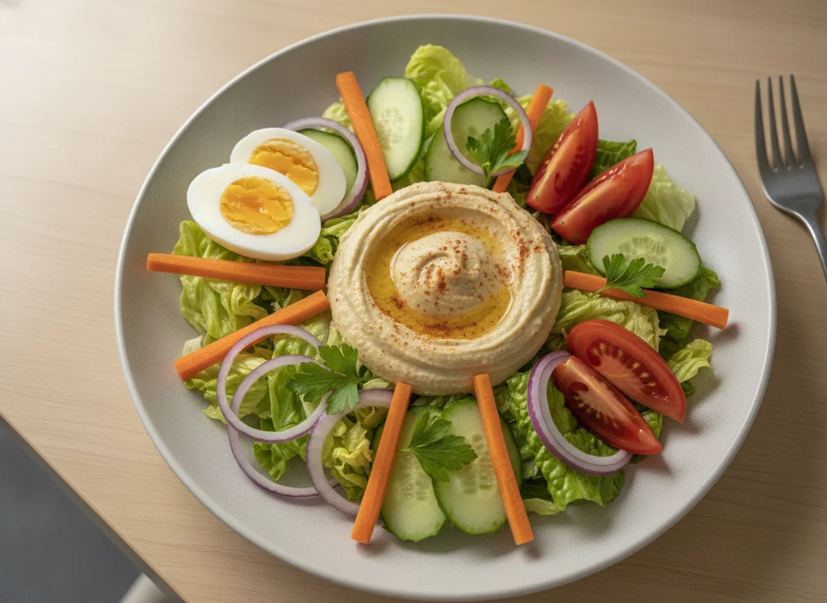 Salad with Boiled Egg and Hummus photo