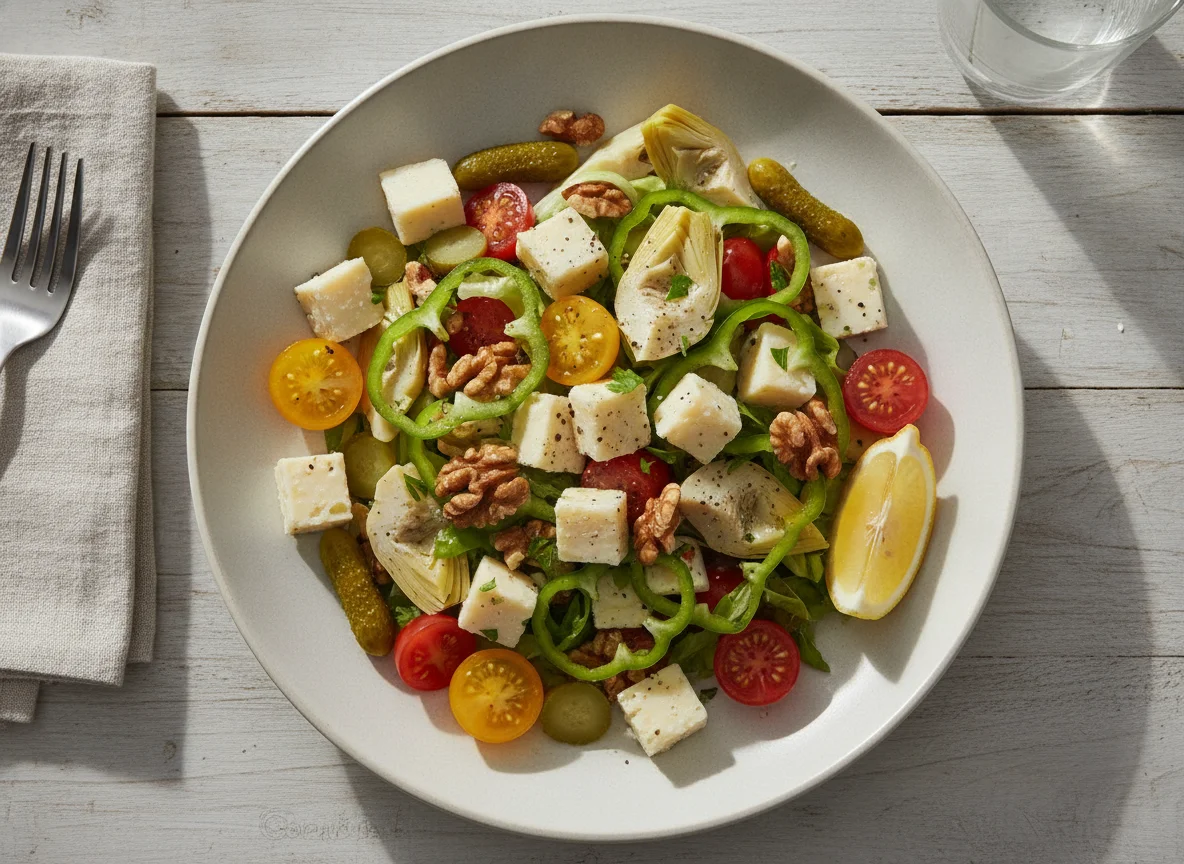 Salad with cheese, walnuts, and artichokes photo