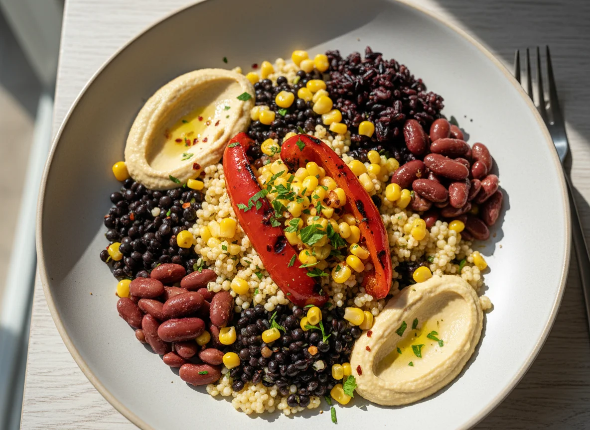 Salad with couscous, hummus, black lentils, red beans, black rice, and corn photo
