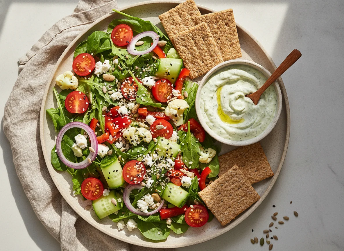 Salad with crackers and creamy dip photo