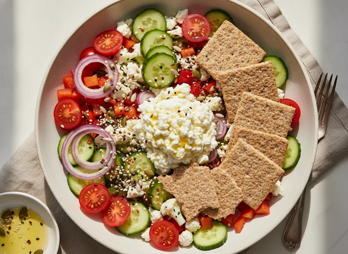 Salad with fat free cottage cheese and crackers photo