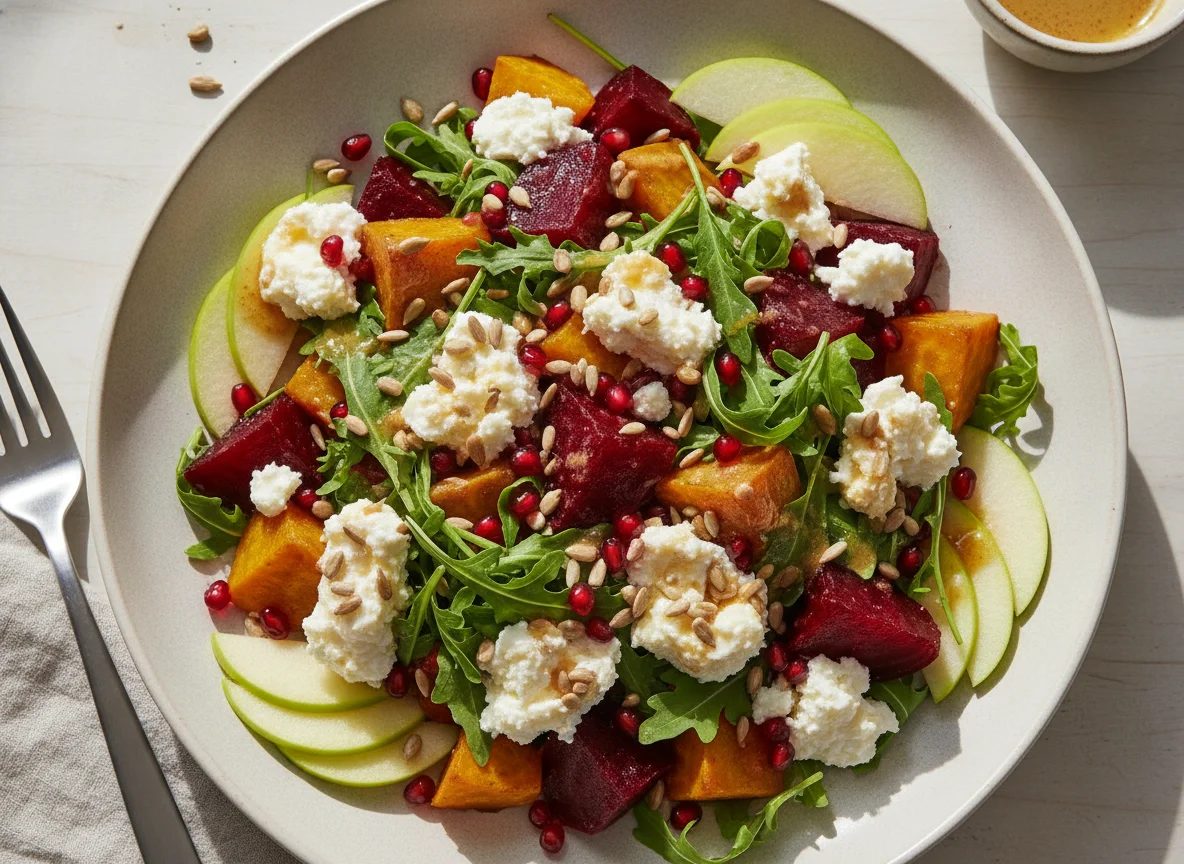 Salad with goat cheese and beets photo