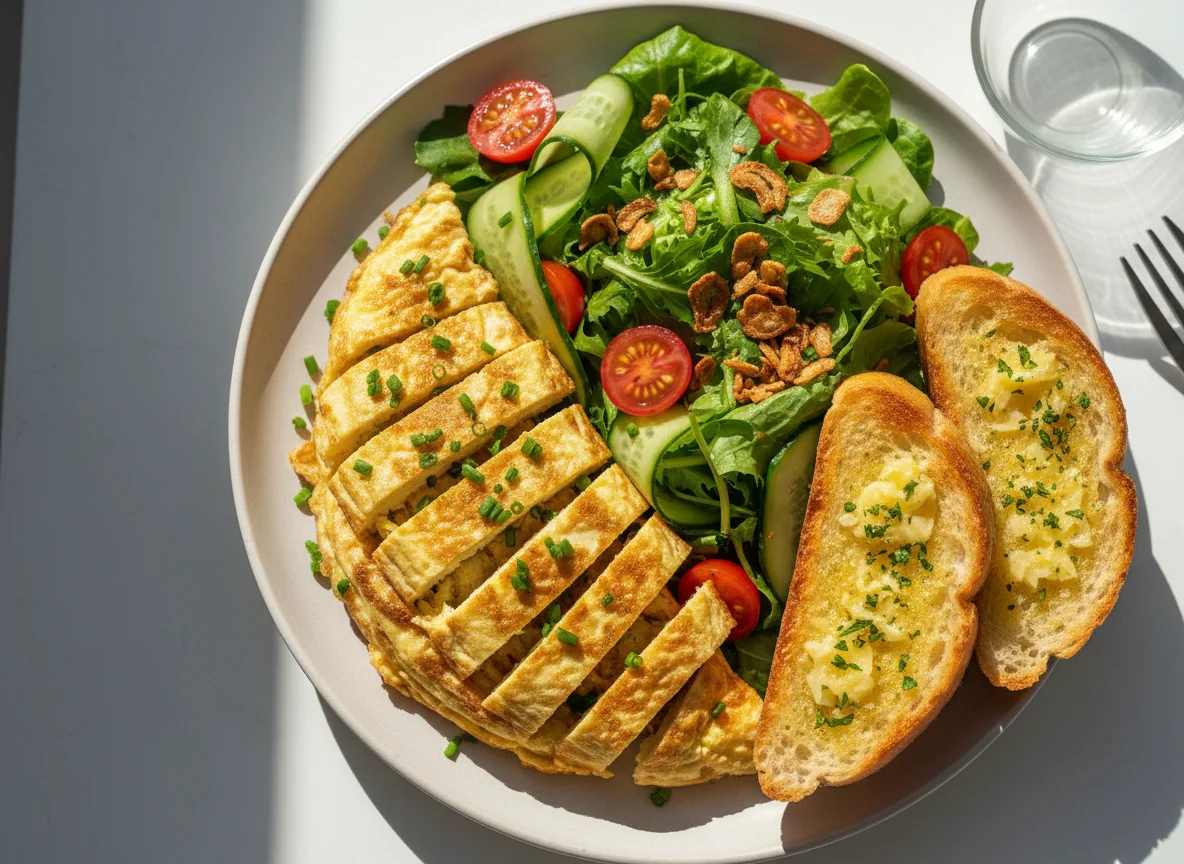 Salad with Omelette and Garlic Bread photo