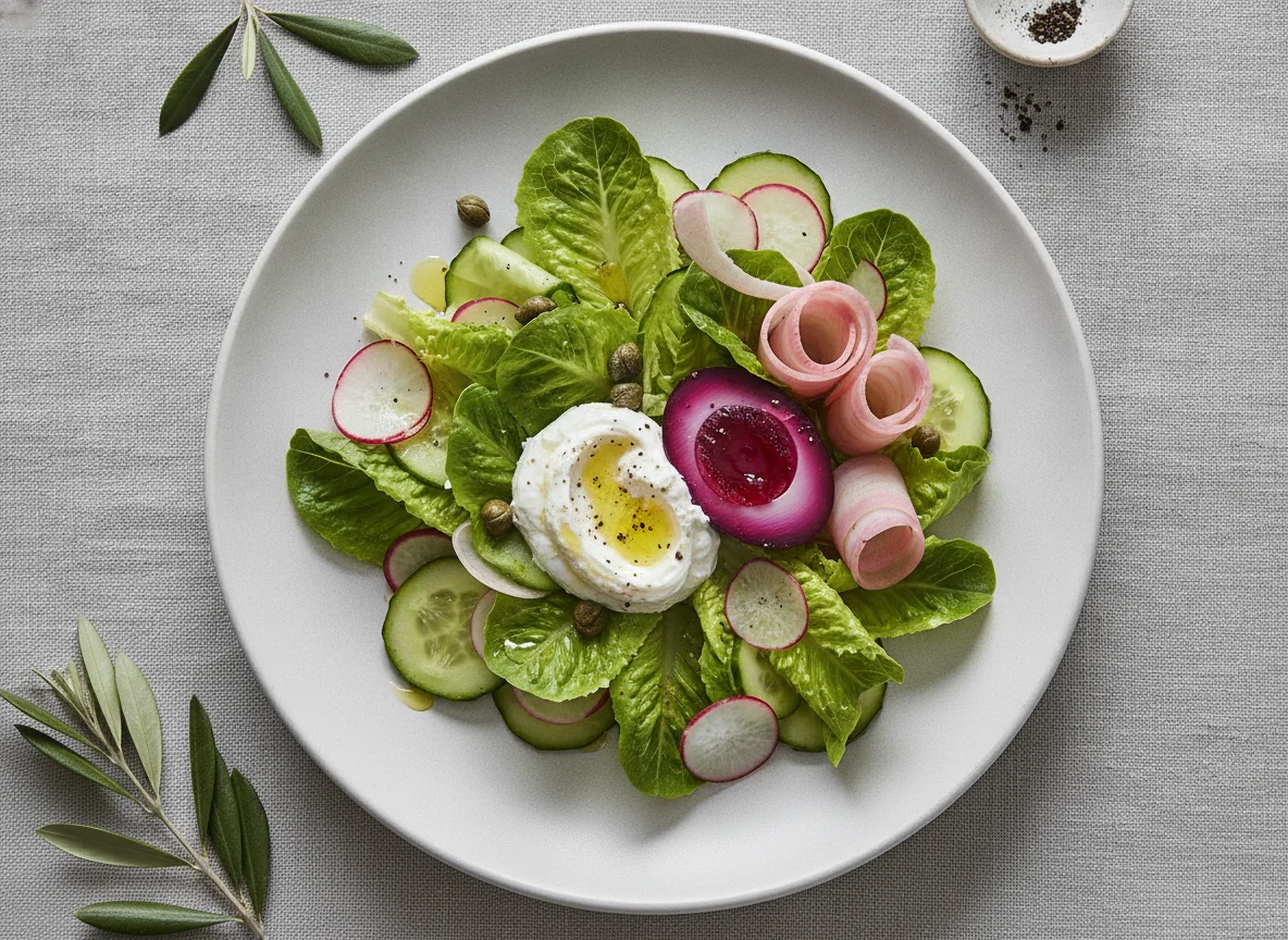 Salad with pickled radish and beet-dyed egg photo