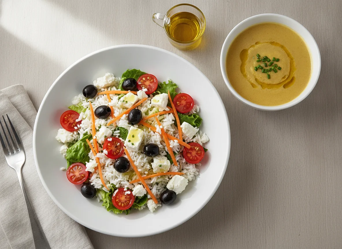 Salad with Rice, Feta Cheese and Creamy Soup photo