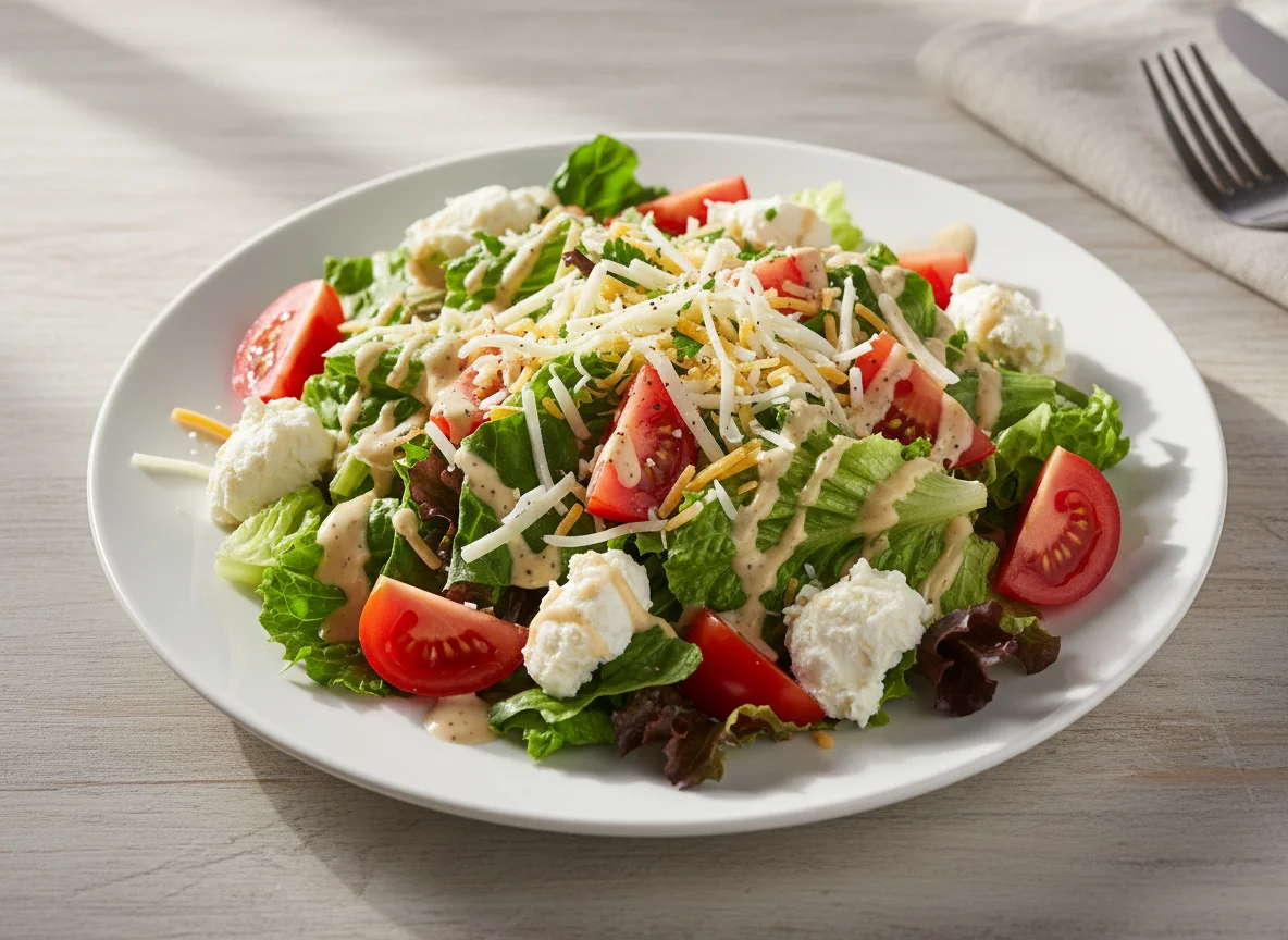 Salad with Tomato, Cheese, and Dressing photo