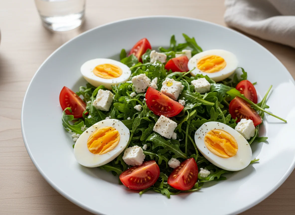 Salad with Tomatoes, Arugula, Feta Cheese, and Boiled Eggs photo