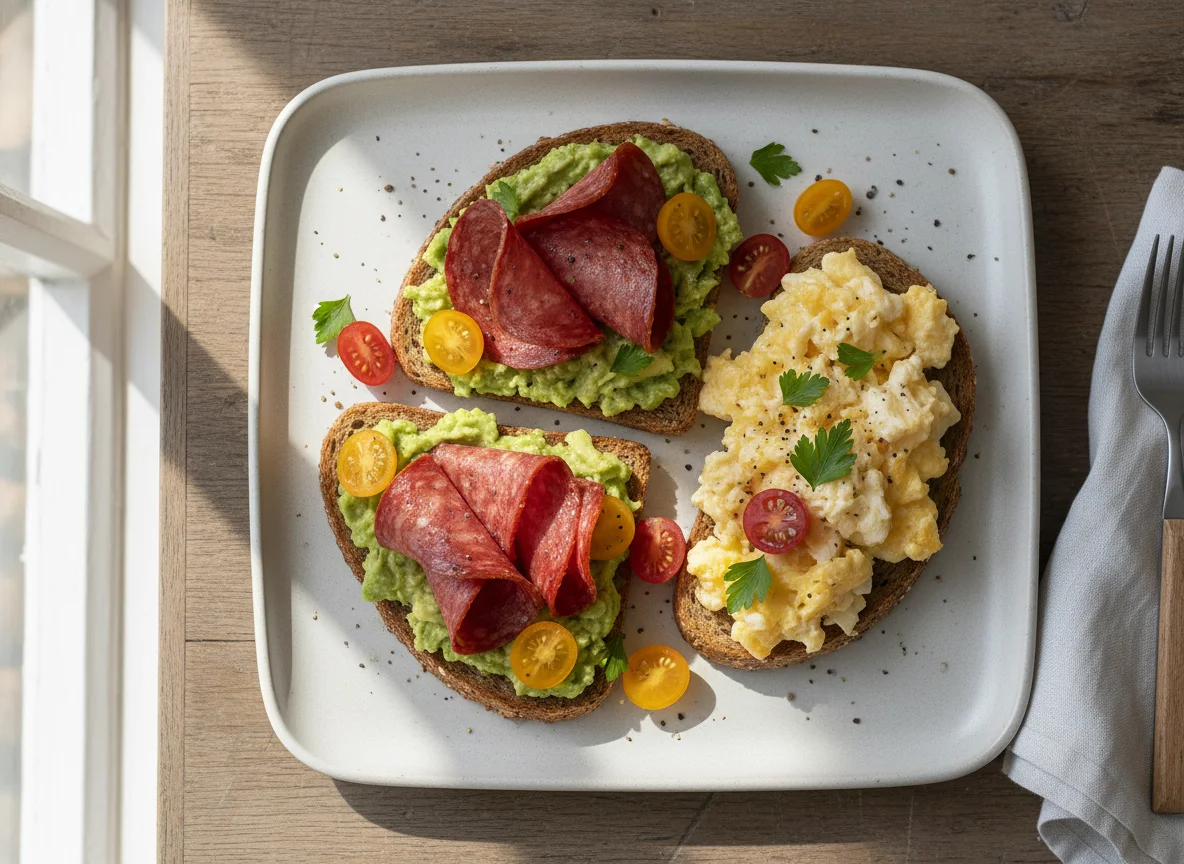 Salami and Avocado Toast with Scrambled Eggs and Tomatoes photo