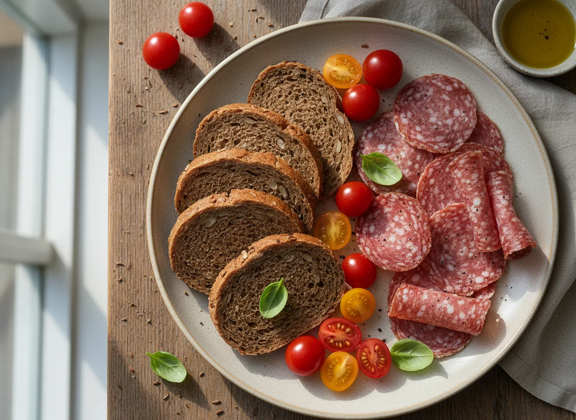 Salami and bread with cherry tomatoes photo
