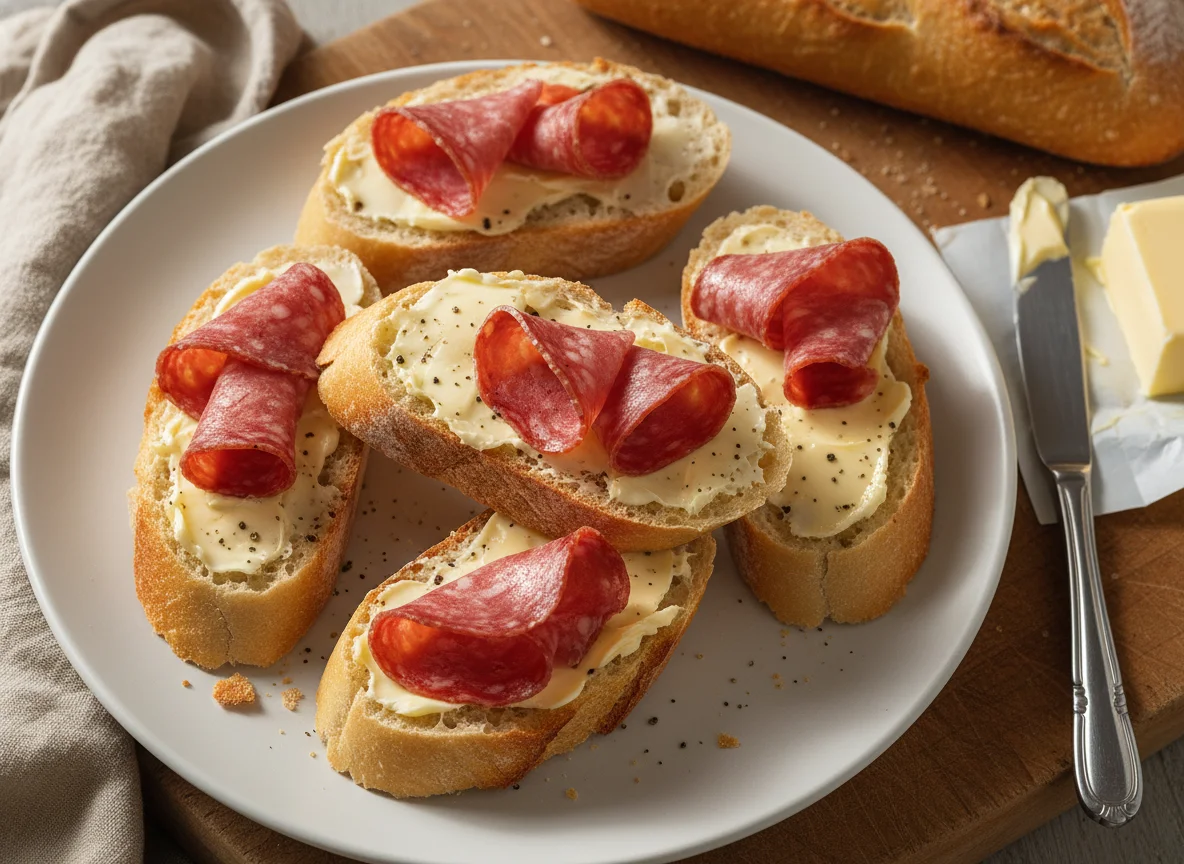 Salami and Butter Baguette Slices photo