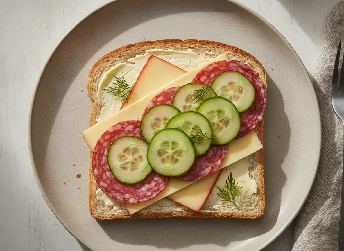 Salami and cheese open sandwich photo