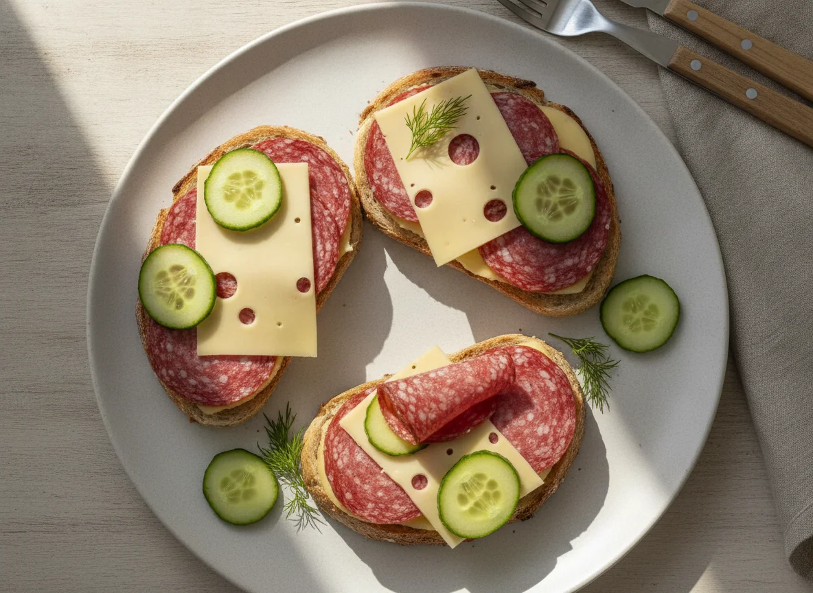 Salami and cheese open-faced sandwiches photo