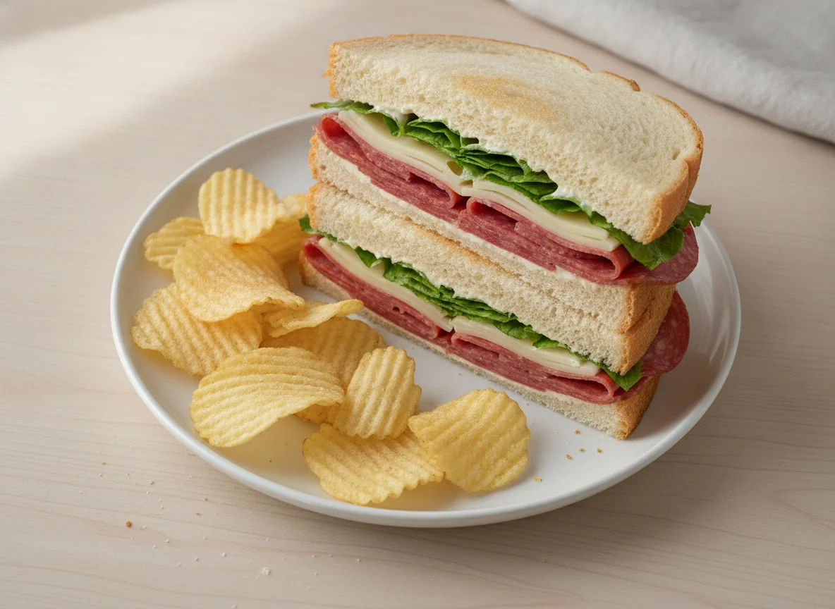 Salami and Cheese Sandwich with Potato Chips photo