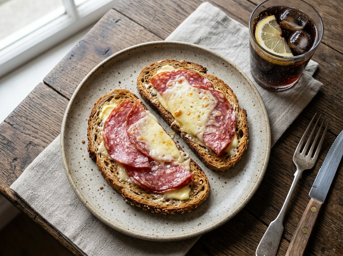 Salami and Cheese Toasts with Drink photo
