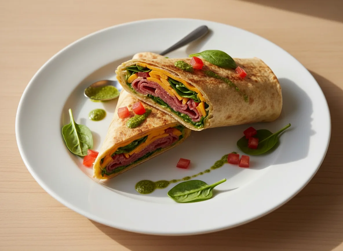 Salami and Cheese Wrap with Pesto and Tomato photo